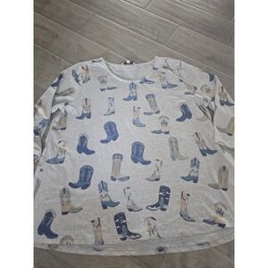 Astrologie Womens XXL Cowboy Boot Print Rhinestone Knit‎ Top Grey Blue Western